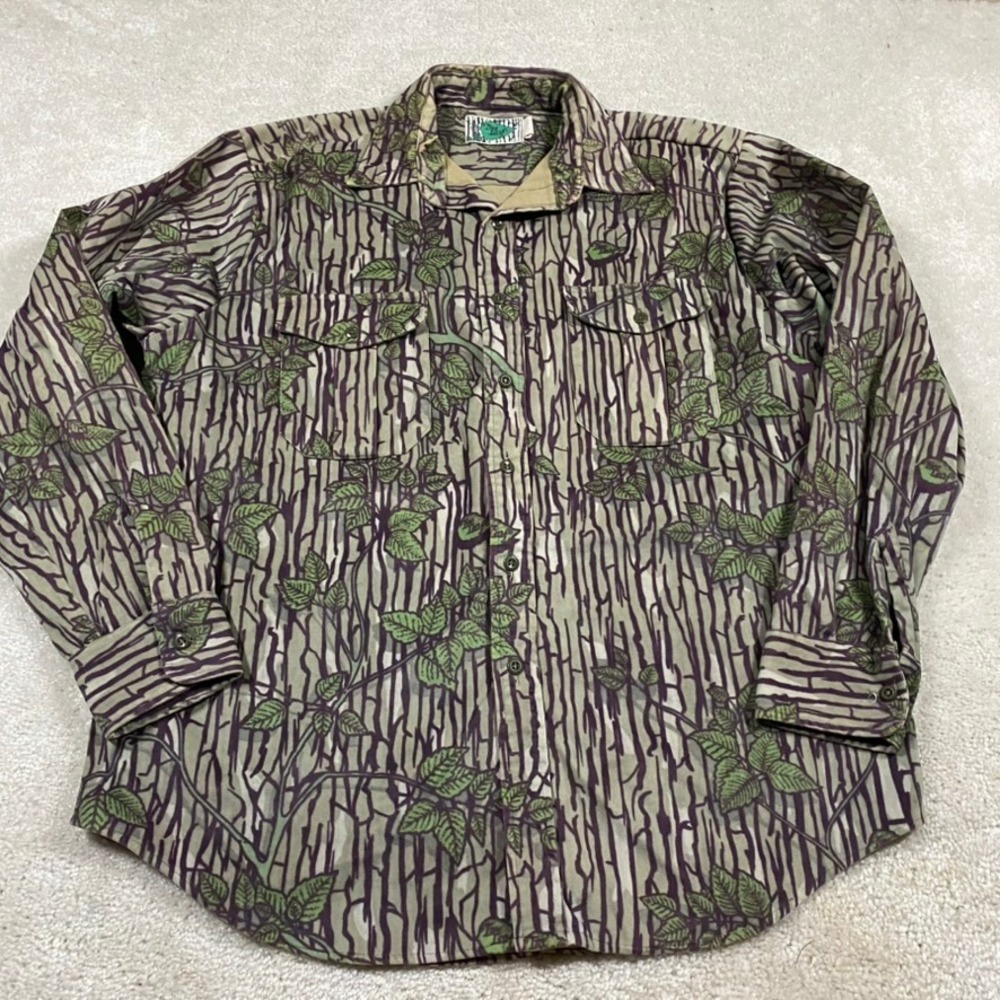 VTG Tree Leaf Camo Button Down Shirt Mens L Bark Leaf Hunting Velvet Textured